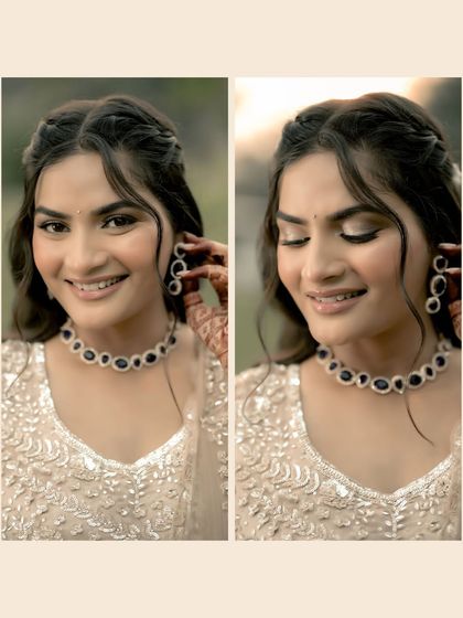 A diptych of the bride, Pallavi, showcasing her radiant smile and the beautiful details of her jewelry. These close-ups capture her happiness and elegance.