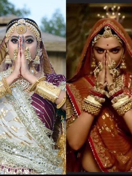 A side-by-side comparison of a model recreating the royal Padmavati look, featuring my authentic Rajasthani jewellery and outfit.
