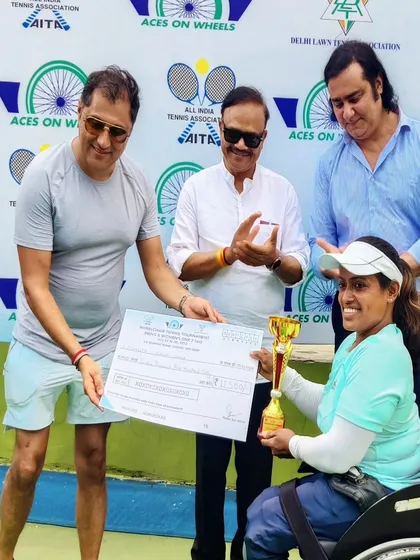 A proud moment as one of our athletes receives the winner's trophy and prize at the DLTA Wheelchair Tennis Tournament in New Delhi. This is a celebration of her hard work, perseverance, and excellence.