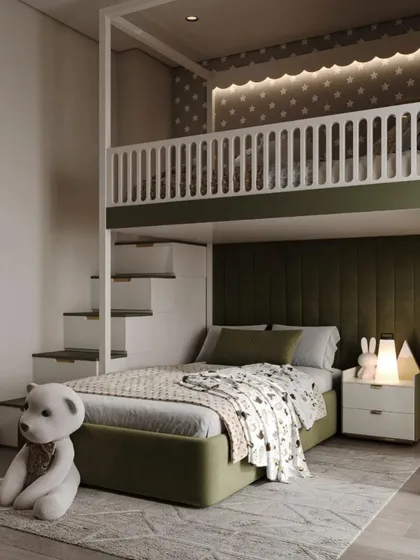 A nighttime view of the bunk bed room, showing the soft, starry lighting on the upper bunk's ceiling, creating a magical atmosphere for bedtime.