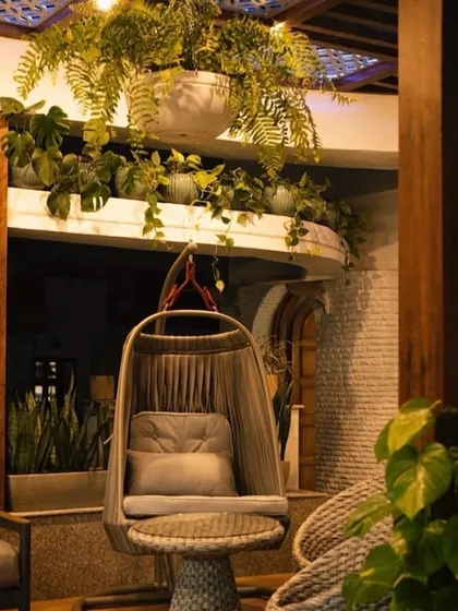 A beautifully designed outdoor space should feel like an extension of your home. This view showcases a comfortable swing chair nestled among hanging ferns and potted plants, creating a perfect nook for relaxation day or night.
