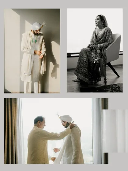 The groom's getting-ready process, captured with an artistic eye. We document moments like a father helping with the turban and use dramatic light for timeless portraits.