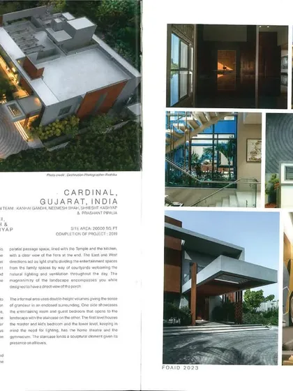 Our 'Cardinal' villa project in Gujarat, showcased at FOAID 2023. We are proud to have our work, which balances gentle and tough design elements, featured at this event.