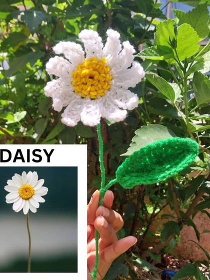 A classic white and yellow crochet daisy. Simple, cheerful, and perfect for any occasion.