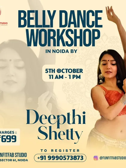 This poster promotes a scintillating belly dance workshop, highlighting the studio as a prime location for special guest instructors.