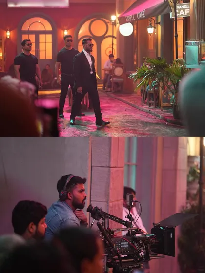The director and camera crew on the Patanjali set. The lighting was designed to be vibrant and engaging, matching the commercial's upbeat tone.