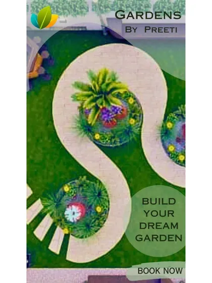 An advertisement showing a top-down view of a garden layout, inviting clients to book a consultation to build their dream garden.