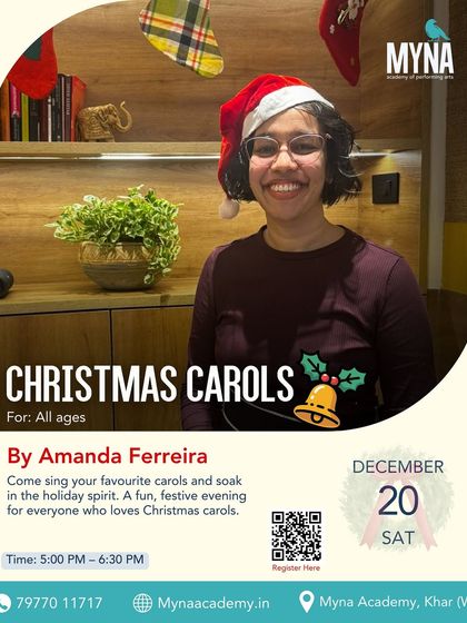 This poster for our Christmas Carols workshop invites people of all ages to come sing their favorite carols and soak in the holiday spirit. It promises a fun, festive evening for everyone who loves Christmas music.