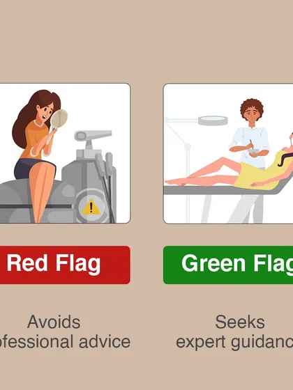Avoiding professional advice for skin problems is a red flag. The green flag is seeking expert guidance to get a proper diagnosis and an effective treatment plan.