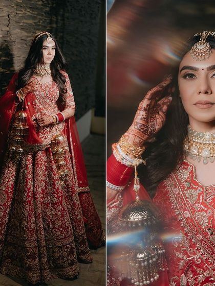 A diptych of bride Nandika in her traditional red lehenga. The combination of a full-length shot and a close-up with artistic light flare showcases both her overall look and her radiant beauty.