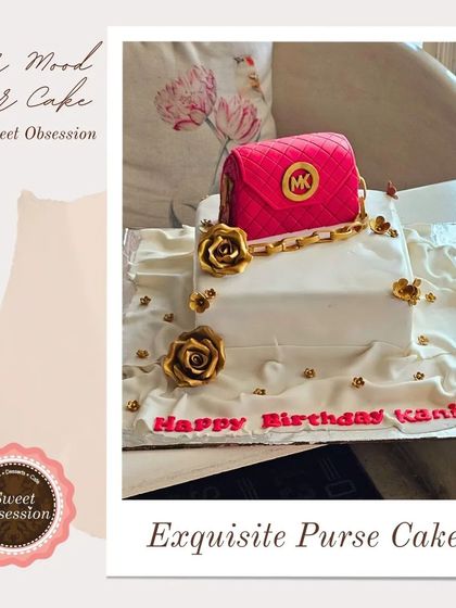 A high-fashion cake featuring a quilted pink Michael Kors purse topper and golden roses on a draped fondant base.