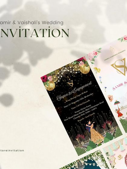 A styled shot of Samir and Vaishali's wedding invitations. The image highlights the contrast between the glamorous black and gold Sagan card and the soft, traditional wedding day invitation, showing the range within a single suite.