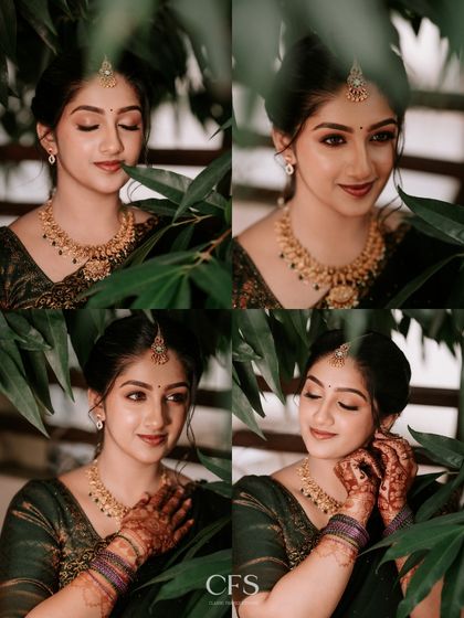 A collage of a bride's portraits, framed by lush green leaves. These shots capture her serene beauty and elegant jewelry in a natural, artistic setting.