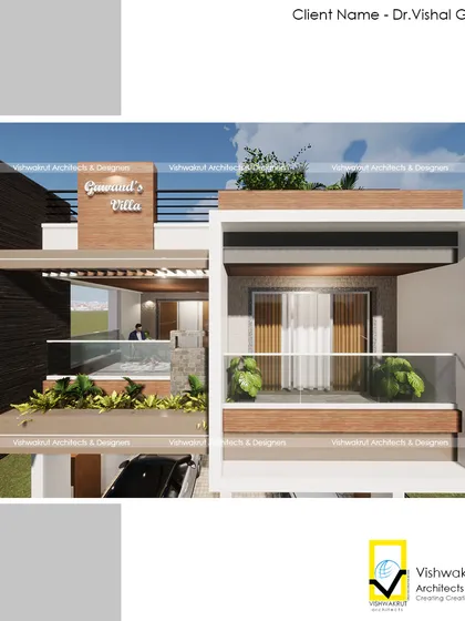 A detailed view of the upper floor and balcony of 'Gawand's Villa'. This shot emphasizes the glass railings and wooden ceiling, which are key elements of its modern aesthetic.