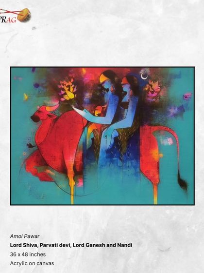 A colorful, abstract representation of Lord Shiva's family by Amol Pawar, with fluid forms and a dreamlike quality.