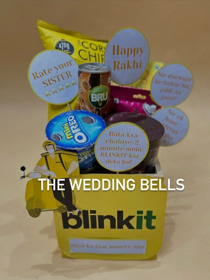 For the brother who relies on instant delivery apps, we created this fun Blinkit-themed hamper. It's filled with his favorite goodies and playful messages.