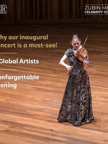 A promotional graphic for the Zubin Mehta Celebrity Concert, emphasizing the rare opportunity to see two global artists in one unforgettable evening.