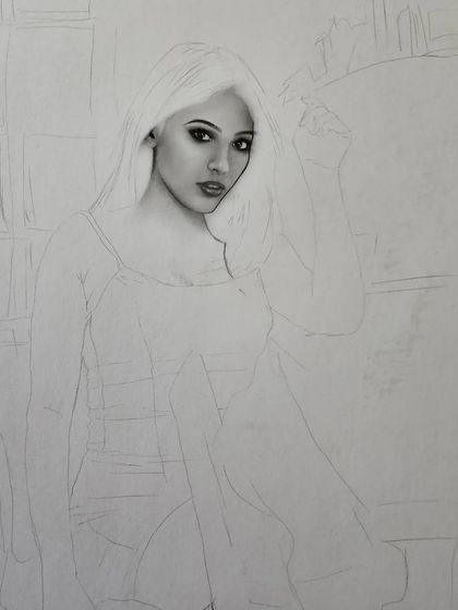A work-in-progress shot of a full-length portrait.