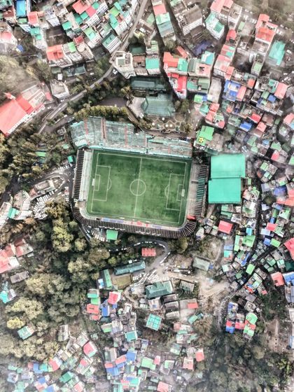 A collection of my best top-down drone shots. This image of a football stadium in Gangtok, Sikkim, shows how I can capture sporting venues in even the most unique and challenging landscapes.