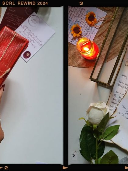 Another split-screen look at the process, from holding the wrapped gift to the final letter on display.