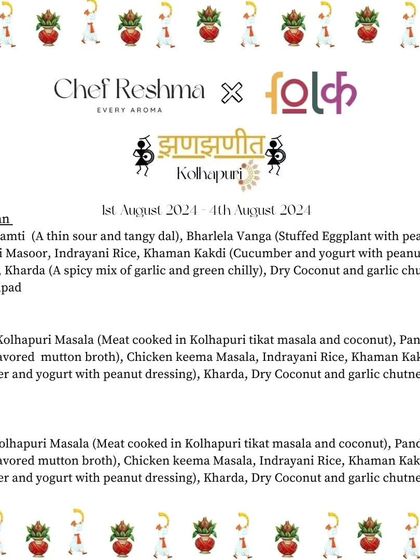 The detailed menu for the vegetarian, chicken, and mutton thalis at my pop-up. I always make sure to explain each dish, like the Katachi Aamti or the Mutton Kolhapuri Masala, so you know exactly what you're eating.