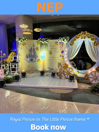 A fairytale princess theme comes to life with a magical carriage prop and a storybook backdrop, creating a perfect photo opportunity for the birthday girl.