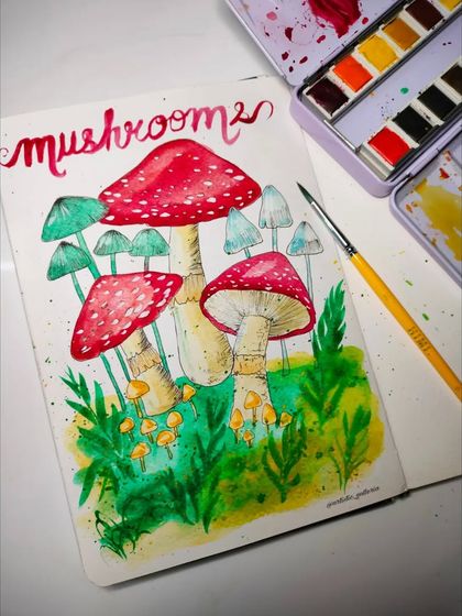 My entry for an art challenge with the prompt "Mushrooms." A whimsical watercolor doodle of different kinds of mushrooms.