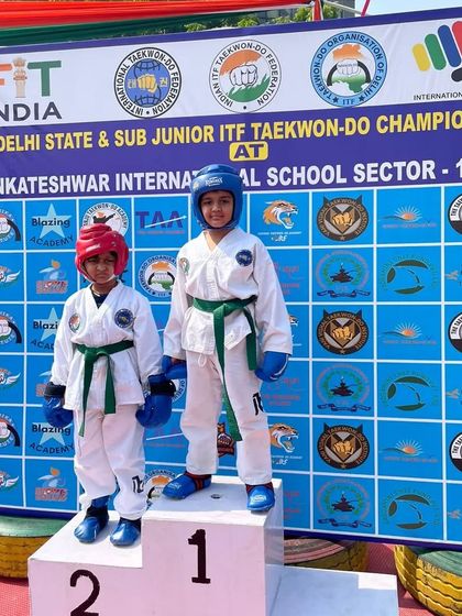 Two of our youngest competitors on the podium at the 1st Delhi State & Sub Junior ITF Taekwon-Do Championship.