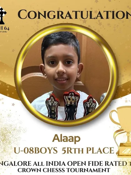 Congratulations to Alaap for securing 5th place in the U-8 Boys category at the 1st Bangalore All India Open FIDE Rated Triple Crown Chess Tournament.