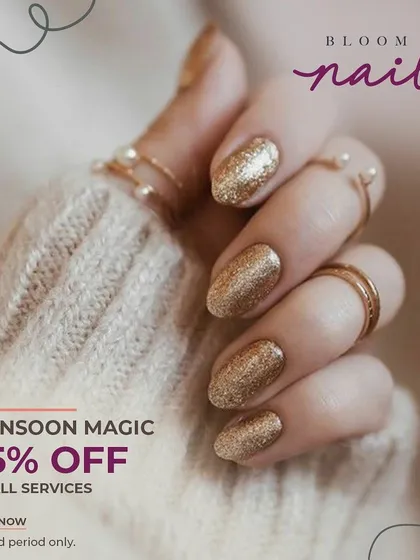 A full set of dazzling gold glitter nails. This look is perfect for parties, weddings, or any time you want to feel extra glamorous.