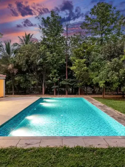 A wide shot of the swimming pool and the surrounding garden at twilight. The lush trees and dramatic sky create a beautiful, resort-like atmosphere in this private backyard.