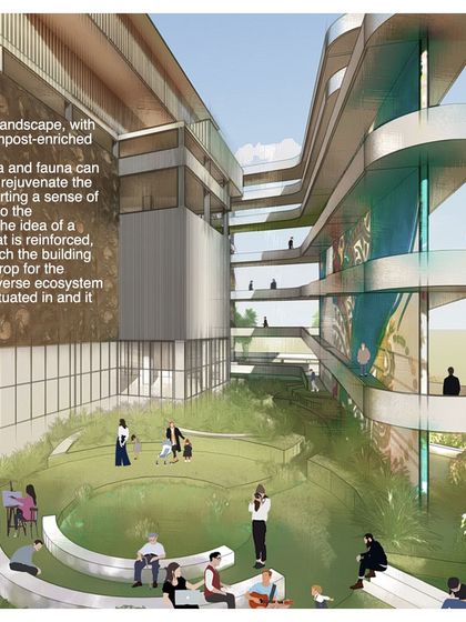 A rendering of an amphitheater space at the COE, nestled within a compost-enriched green landscape. The building serves as a backdrop for a rich, biodiverse ecosystem that facilitates community gathering and performance.