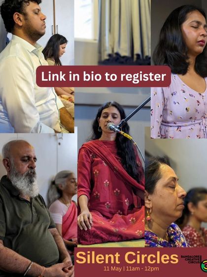 A collage of moments from a Silent Circles session, showing participants deeply immersed in meditation. The central image features the facilitator guiding the group with her voice and music.
