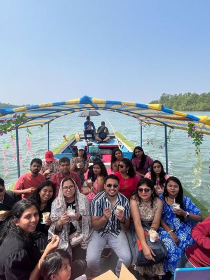 The full group enjoying a boat party on the Honnavara backwaters.