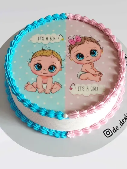 A clean and simple version of the gender reveal photo cake. The smooth finish and neat piping make the adorable baby graphics the star of the show.