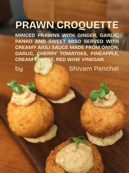 These Prawn Croquettes are a perfect bite-sized starter. Minced prawns are mixed with ginger, garlic, and sweet miso, then fried until golden and served with a creamy aioli.