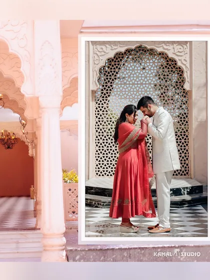A chivalrous moment against an intricately carved 'jali' screen. The soft, pastel tones of the location and outfits create a dreamy and elegant pre-wedding portrait.