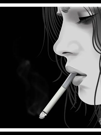 A black and white digital painting of a woman smoking. This is a piece about resilience, inspired by the idea of a woman who has overcome everything that was meant to destroy her.