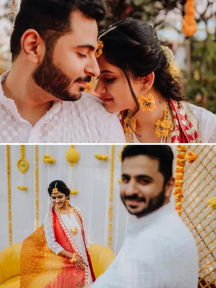 A sweet, intimate portrait of the couple during their Haldi ceremony, their faces close together.