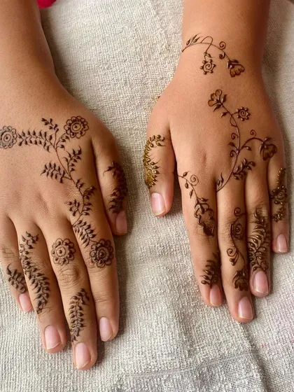 Simple, elegant, and perfect for someone who loves minimalism. This design features delicate leafy vines trailing down the fingers and back of the hand.