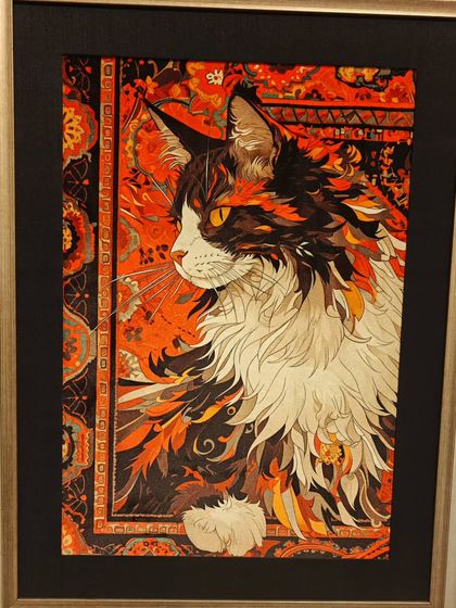 A detailed artwork from 'Carpeted Journey Within', showing a cat whose fur seamlessly blends into an intricate carpet pattern.