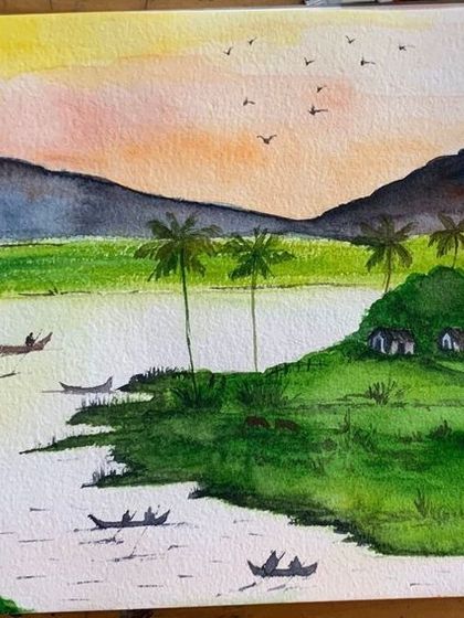 The finished watercolor landscape from our 2-day workshop. This piece by a student showcases what can be learned and created in our short, intensive sessions.