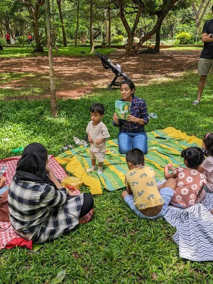 More scenes from our reading of 'Bumoni's Banana Trees', with children of all ages participating and listening.