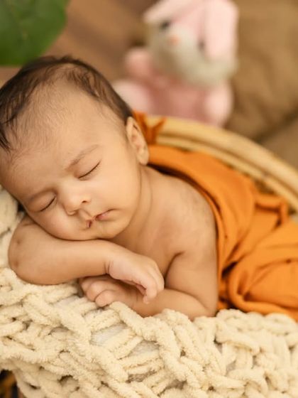 This little one is sleeping so soundly in a basket surrounded by his favorite stuffed animal friends.