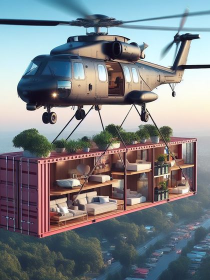 An AI image showing a cross-section of a container home filled with furniture, being delivered by helicopter.