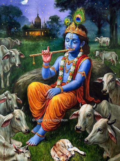 A closer look at the Shree Krishna painting, focusing on his serene expression and the details of his divine ornaments. The moonlight and the calm cows complete the peaceful, pastoral scene.
