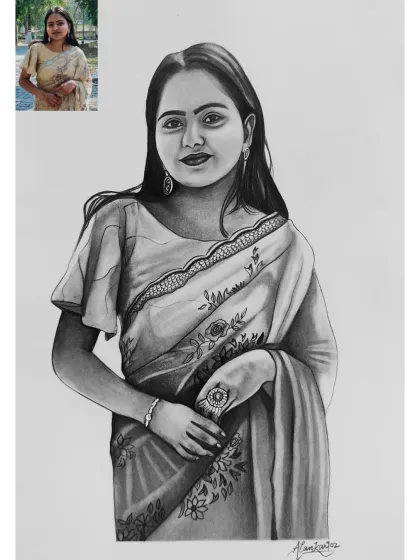 A recent commission from Ranchi. This image shows the original photo next to my graphite sketch, demonstrating how I capture the details of the saree and the subject's pleasant look.
