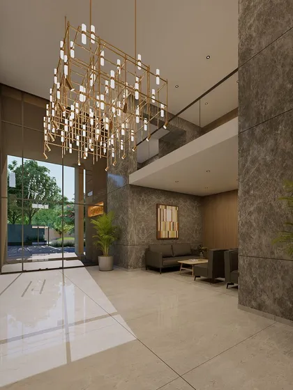 A render of a grand, double-height reception area for a luxury apartment building. The space is defined by dramatic marble-clad walls and a spectacular modern chandelier that serves as a stunning centerpiece.