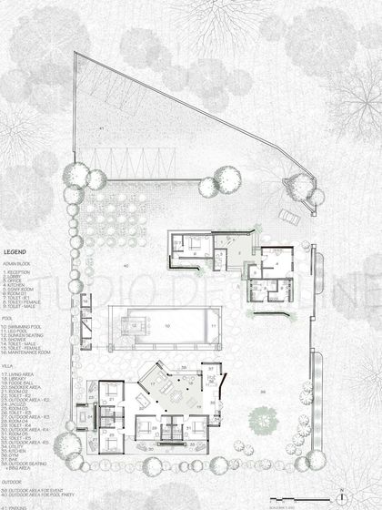 The master plan for the "Afloating in The Nature" project, illustrating the layout and relationship between the villa, pool, admin block, and surrounding landscape.