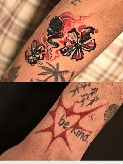 Two unique, abstract color tattoos born from a fun and creative session with friends. One features abstract florals and an astronaut, the other a bold "be kind" message.